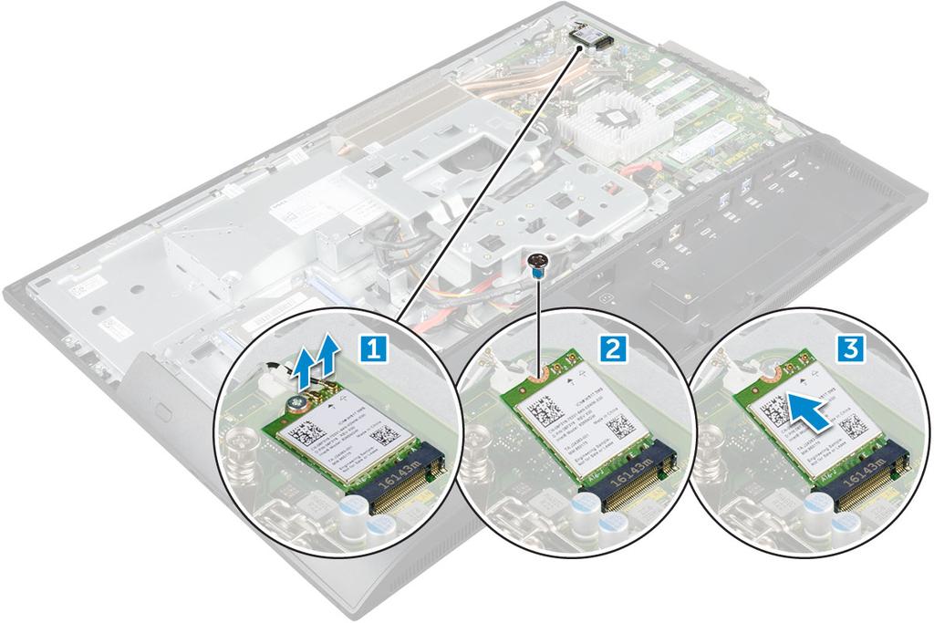 Como instalar a placa WLAN 1 Alinhe a placa WLAN ao conector na placa de sistema. 2 Aperte o parafuso para prender a placa WLAN na placa de sistema.