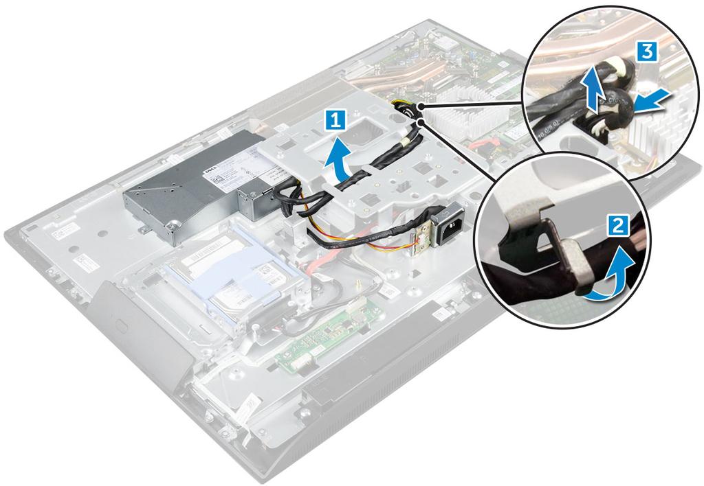 4 Para liberar a PSU: NOTA: há um clipe de retenção do cabo adicional na lateral do suporte de montagem VESA.