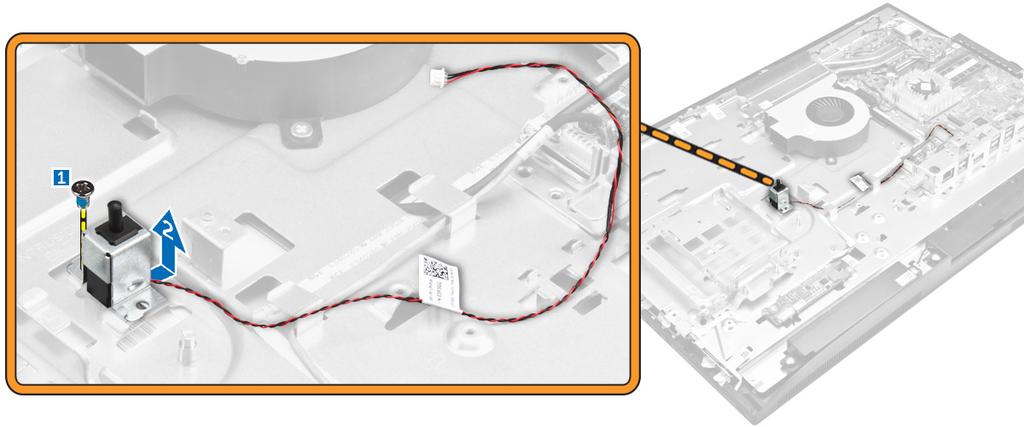 4 Execute os procedimentos a seguir, conforme mostrado na ilustração: a Remova o parafuso que prende o sensor de violação ao chassi [1].