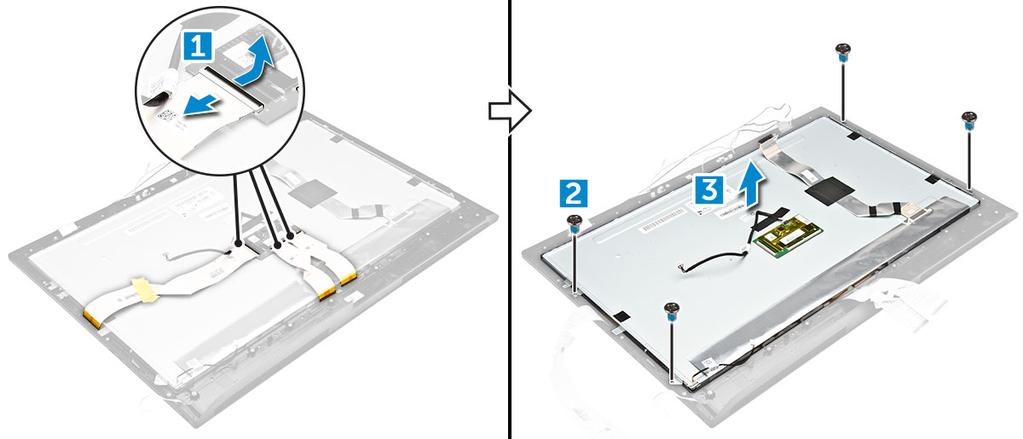 Painel da tela Como remover o painel da tela 1 Siga o procedimento descrito em Antes de trabalhar na parte interna do computador.