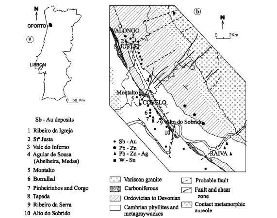31 Figura 9 - (a) Localização da Figura 7b no mapa de Portugal; (b) Mapa geológico de distrito mineiro Dúrico-Beirão (Adaptado de Couto (1993) in Neiva et al., 20