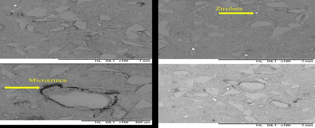 Uma outra constatação na análise desta amostra foram os grãos de mulita que além de formarem microtrincas disfarçaram vazios deixados pelos grãos que foram retirados durante o polimento.