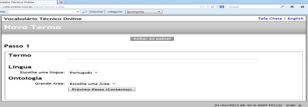 Figura 7. Visualização do passo 1 para cadastro de termos no VoTec.