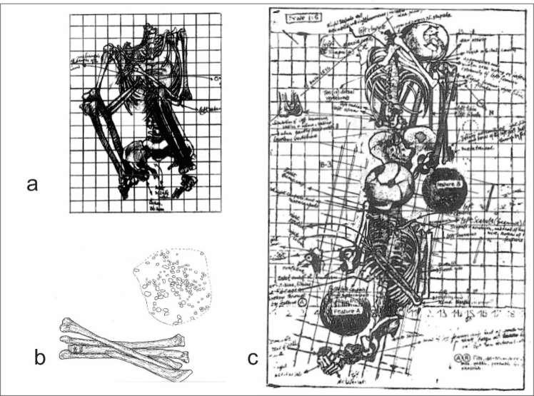 7. Sepultamentos em Barabina. A: esqueleto sem o crânio; B: Arranjo de ossos humanos associado à fossa contendo conchas; C: sepultamento duplo associado a fossas (modificado de Williams, 1981 e 2003).