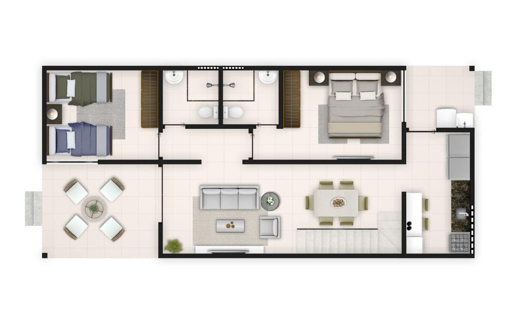 jantar, circulação, quarto social; suíte (com quarto e BWC); BWC