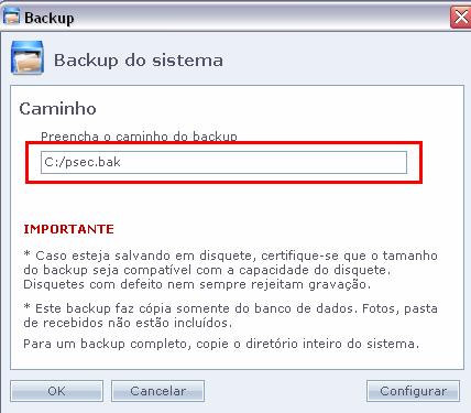 Nesta tela deve-se informar o caminho onde será