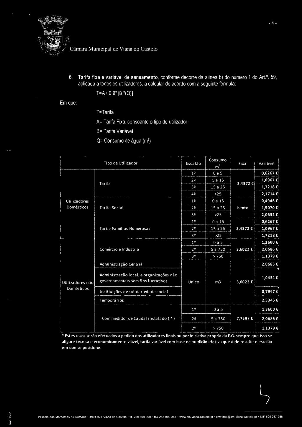 governamentais sem fins lucrativos Instituições de solidariedade social Único m3 3,6022,0454 0,7997 Temporários 2,5345 Com medidor de Caudal instalado ( *) 22 2 Oa5,3600 5 a 750 7,7597 2,0686 22 >