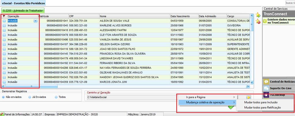 Opção Gerar esocial: Eventos Não Periódicos e Periódicos: Mudança Coletiva da Operação Criado opção para que o usuário possa fazer uma