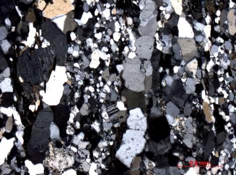 34 Figura 36: Fotomicrografia do Biotita xisto. Destaque para as fitas quartzo-feldspáticas que possuem maior granulometria.