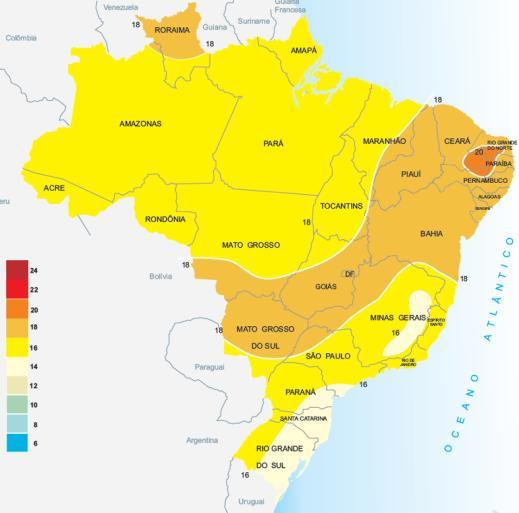 Figura 03 - Radiação solar diária média anual no Brasil Fonte: Atlas solarimétrico do Brasil(UFPE, 2000) Todas as ilustrações devem ser centralizadas na página e impressas em local tão próximo quanto