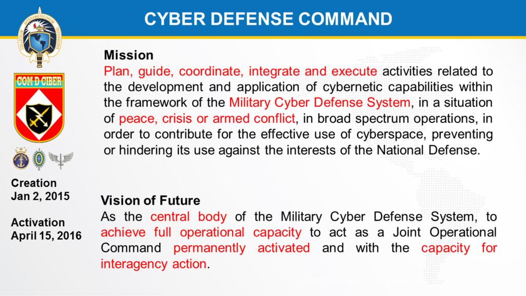 O Comando de Defesa Cibernética foi criado em 2 de janeiro de 2015, tendo a sua ativação sido realizada em 15 de Abril de 2016.