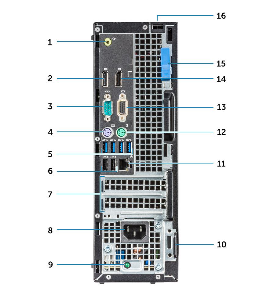 Vista traseira do chassi: APU Radeon R7 Série A 1 Porta de saída de linha 2 DisplayPort 3 Porta serial 4 Porta de teclado PS/2 5 Portas USB 3.0 6 Portas USB 2.
