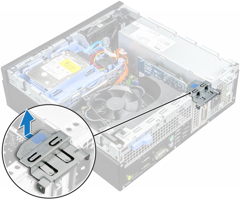 4 Para remover a placa de expansão PCIe: a Puxe a trava de liberação para destravar a placa de expansão PCIe [1].