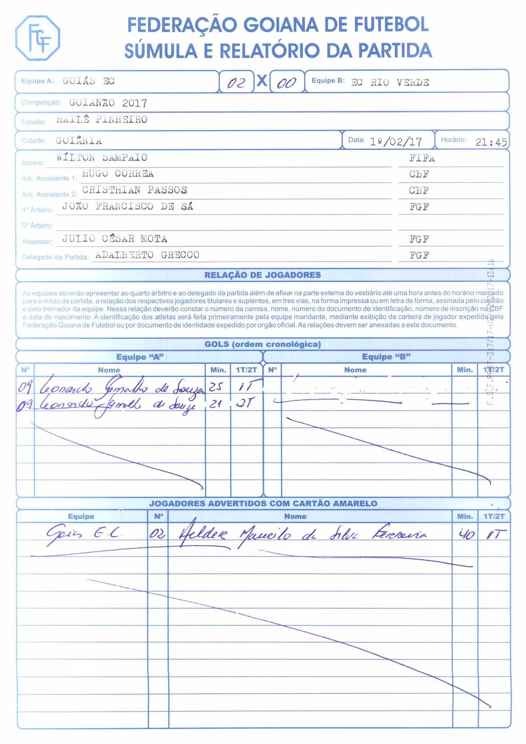 FEDERAÇÃO GOIANA DE FUTEBOL SÚMULA E RELATÓRIO DA PARTIDA Equipe A: GOIÁS EC Competição: GUIÂMIO 2017 Estádio: ii.âils Cidade: GuI.