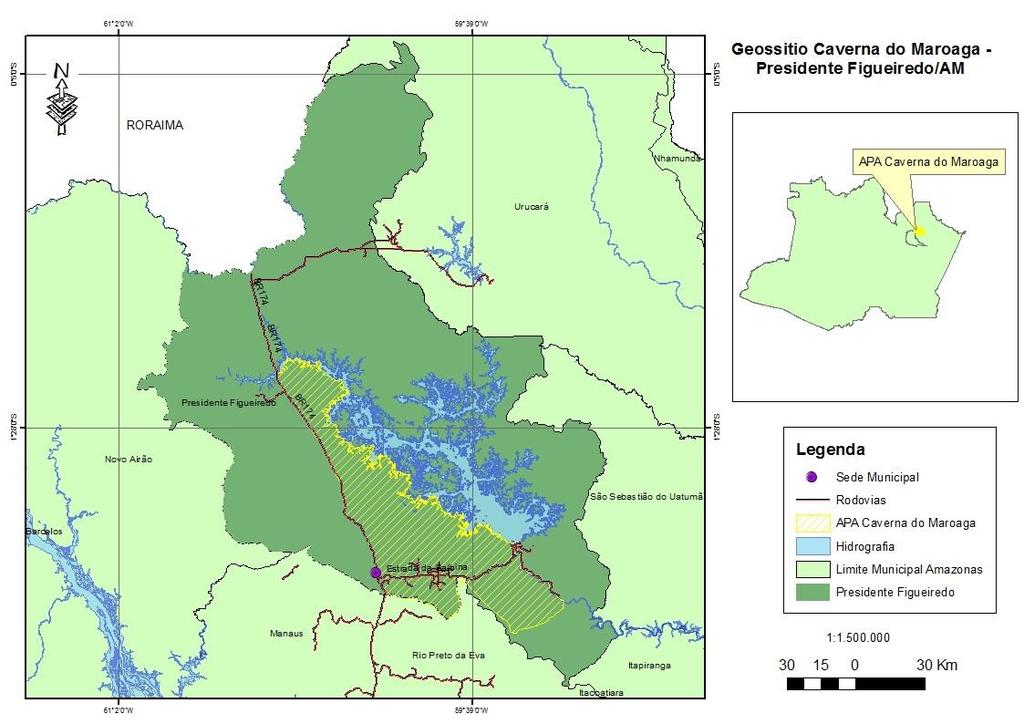 Figura 1 - Mapa de localização do Geossítio Gruta Refúgio do Maroaga, Presidente Figuereido AM. Fonte: Org. Anne Caroline Marinho Dirane, 2017.