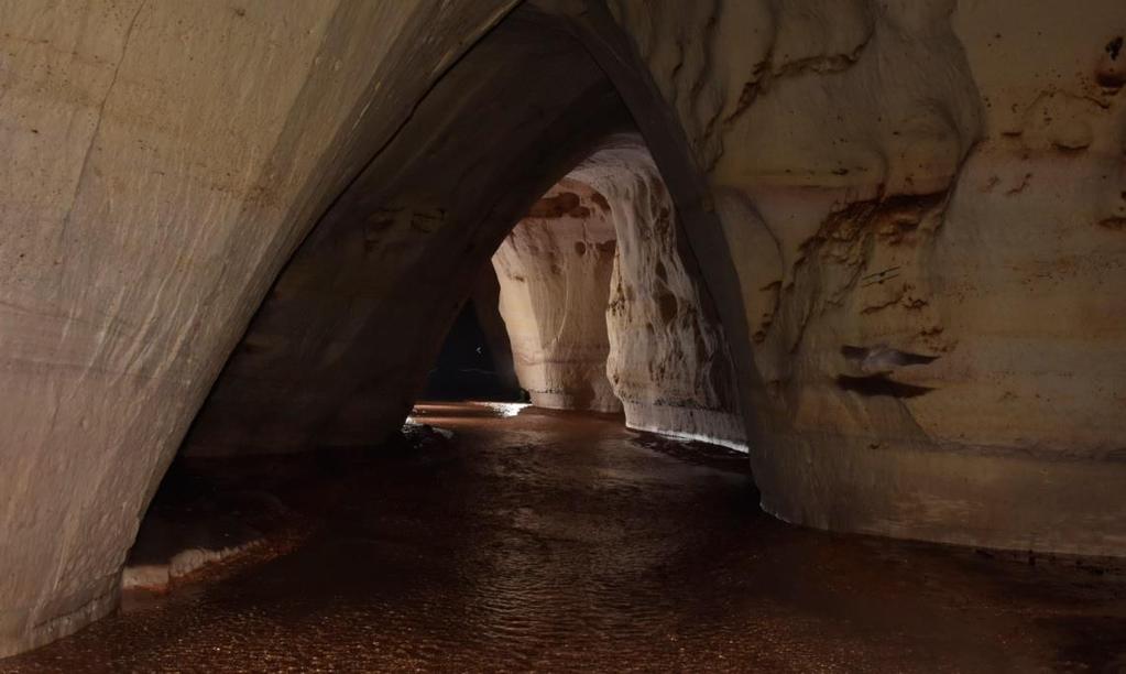 Figura 05 - Interior da Gruta do Maroaga. Interior com presença de água, devido ao canal fluvial que foi responsável por sua escavação Fonte: André Zumak, 2015.