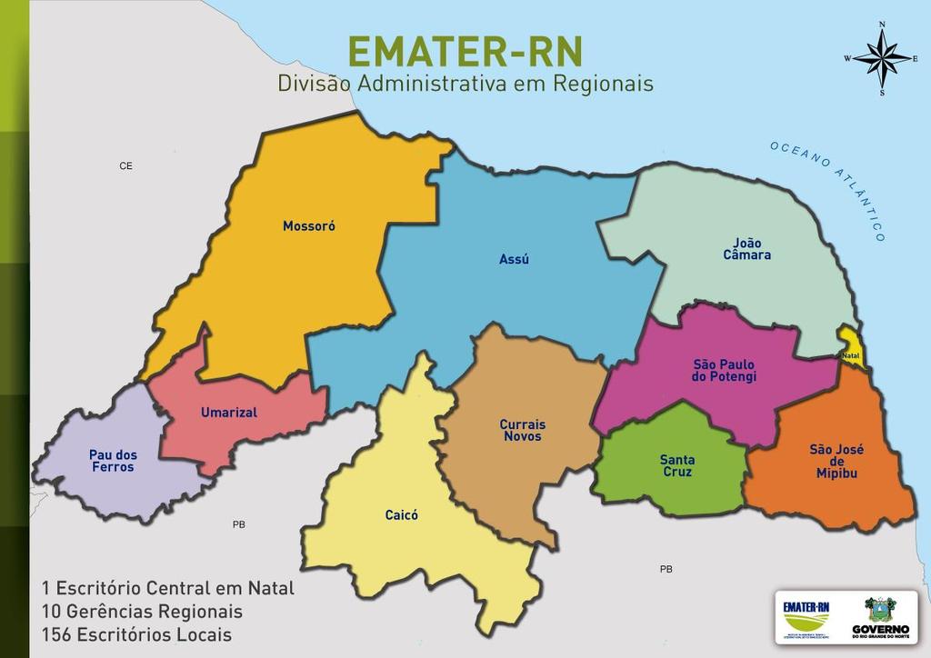 27 A EMATER-RN está presente em 167 municípios, com organização e articulação de técnicos em dez unidades regionais estabelecidas pela Instituição, conta também com três centros de treinamentos.