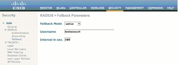 1. Configurar o modo de reserva do servidor Radius. A fim fazer isto, escolha a Segurança > o RAIO > a reserva do WLC GUI. A página dos parâmetros do RAIO > da reserva publica-se. 2.