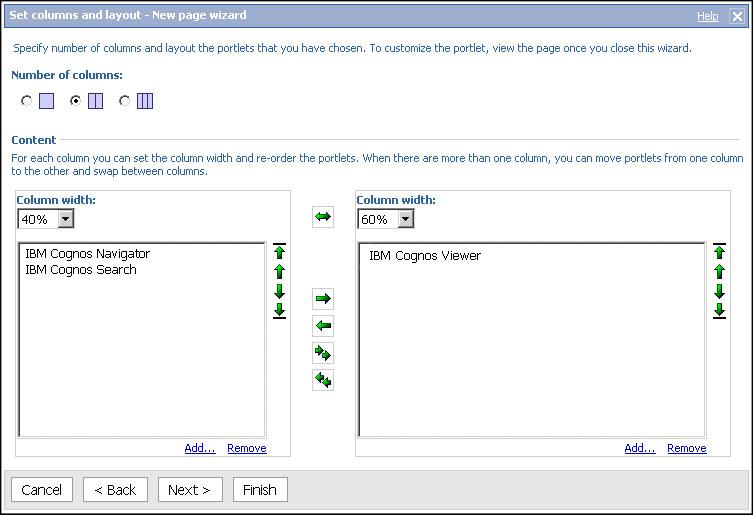 c. Selecione os protlets IBM Cognos Navigator, IBM Cognos Search e IBM Cognos Viewer. Clique em Incluir para movê-los para a caixa Entradas selecionadas.