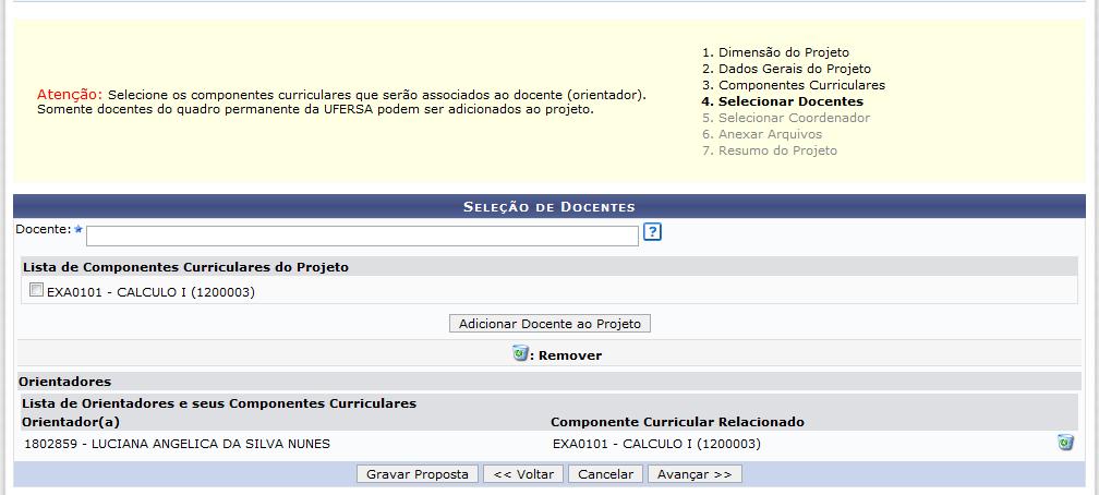 Figura 7. - Seleção do Docente e da componente curricular/disciplina que será associada ao Docente (orientador). A.