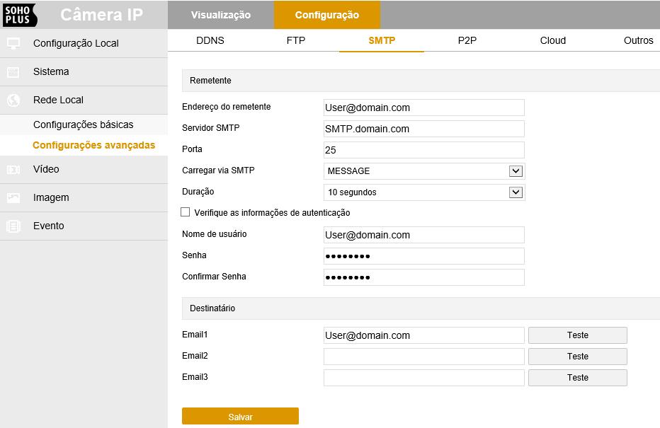 6.3.2.3 SMTP Na tela principal, clique em "Configurar Rede Configuração avançada SMTP" para entrar na interface de configurações de correio.