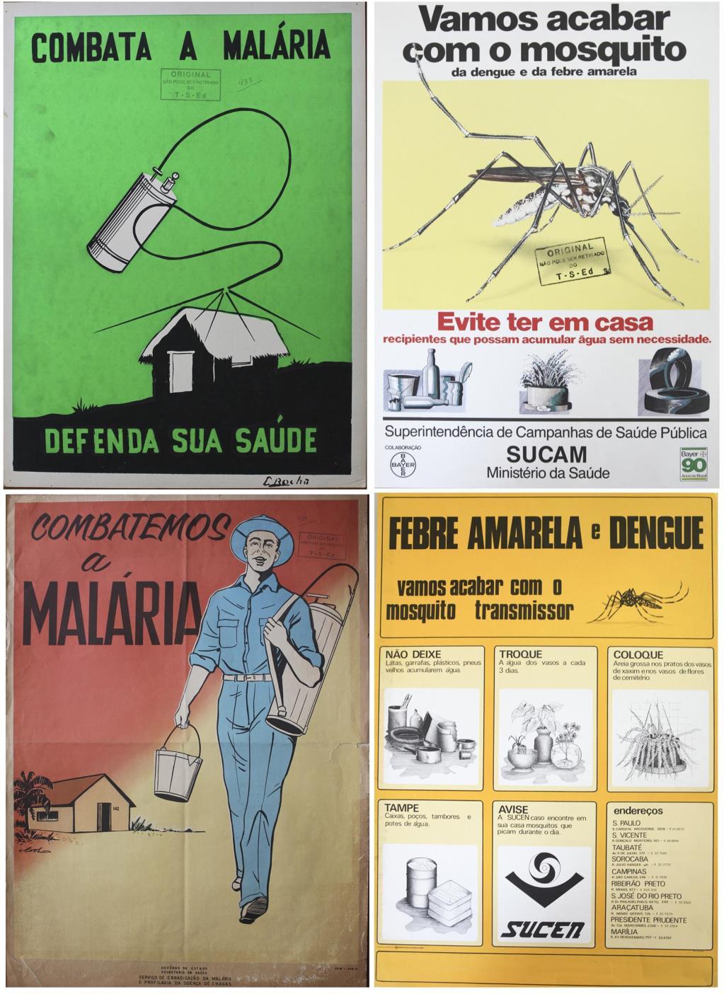 Figura 1 - Compilado de cartazes referente a campanhas de combate à malária (1950-1960) e febre amarela (1970-1990) no Brasil. Fonte: Coleção Cartazes de Campanha de Saúde.