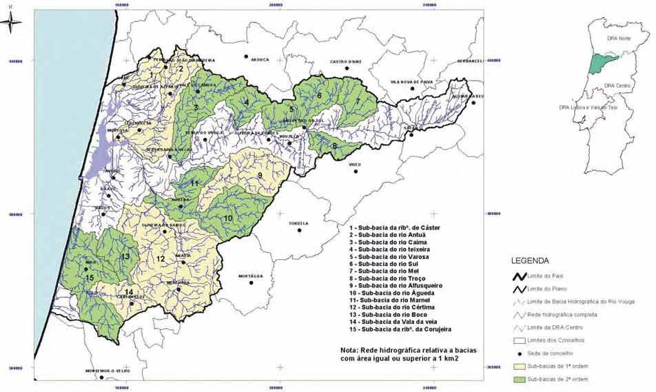 Figura 3.2 Bacia Hidrográfica do Vouga. Os principais afluentes do rio Vouga (Bacia Superior) na margem direita, de jusante para montante são os rios Caima, Mau, Arões, Teixeira, Varoso, Sul e Mel.