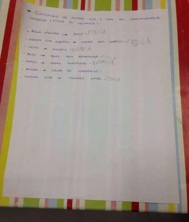 Momento 03: Após a exemplificação entregamos ao aluno exercícios simples impressos sobre as transformações da matéria, para que ele classifique-as (Fig.2).