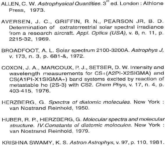 CANAVES, M. V.; SANZOVO, G. C. Comets: Populations and Intensities of Nine Vibrational Bands of Carbon Monosulfide ( 12 C 32 S). Semina:Ci. Exatas/Tecnol., v. 17, n. 4, p. 369-376, Dec. 1996.