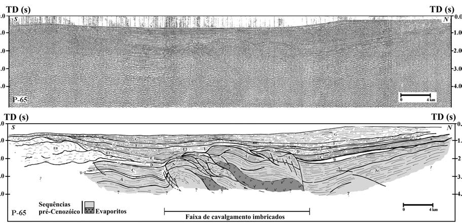 Tectónica salífera cenozóica na Margem Algarvia Figura 7e Perfil de reflexão sísmica P-65 e sua interpretação (adap. Lopes et al., 2006). (Ver localização na fig. 1).