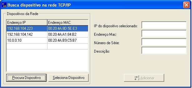 Em seguida, aciona a tecla Procurar Dispositivo para buscar os instrumentos presentes na rede: Após o fim da busca, use Seleciona dispositivo para escolher a peça a ser configurada: Após a seleção,