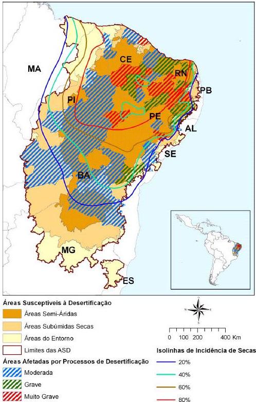 áreas susceptíveis estão localizadas na região Nordeste e no Norte de Minas Gerais.