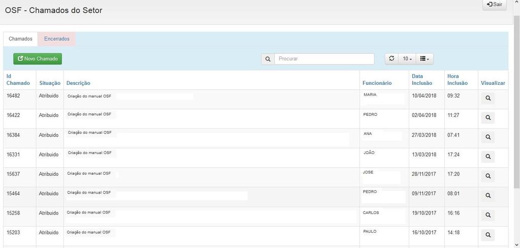 2. Chamados Nesta opção é possível visualizar pelo setor que logou no OSF os chamados abertos, segundo figura 2: Figura 2 Id Chamado: Determina o código do chamado, é o seu identificador.