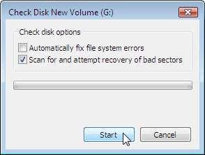 Desmarque a opção Reparar erros do sistema de arquivos automaticamente.