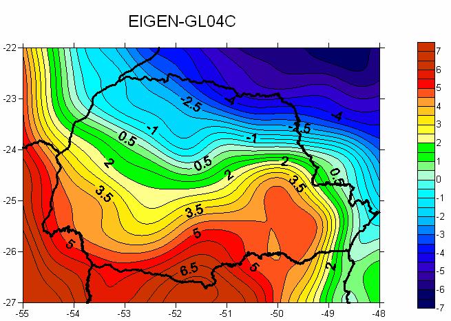 (Estimating The Circulation & Climate of the Ocean) e CLS01 do CLS (Collecte Localisation Satellites da França). Alguns dados do EIGEN-CG03C foram substituídos por dados de anomalia de gravidade.