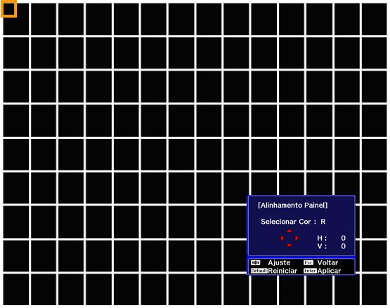 3. Selecione a configuração Visor e aperte Enter. 4. Selecione a configuração Alinhamento Painel e aperte Enter. 5. Aperte Enter e selecione Activado. 6. Aperte Esc. 7.