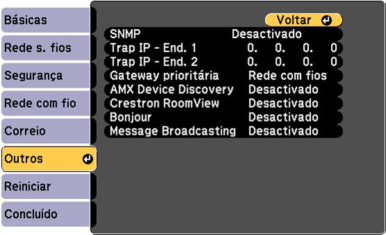 Controle de um projetor conectado na rede usando Crestron RoomView Tema principal: Uso do projetor em rede Configurando o suporte Crestron RoomView Para configurar o projetor para monitoramento e