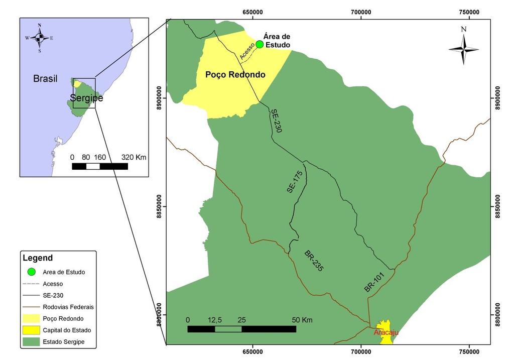 Figura 1 - Localização e acesso da área de estudo (fonte: Atlas SRH de Sergipe). 1.3 Metodologia A metodologia empregada neste trabalho foi desenvolvida em três etapas principais: pré-campo, campo e pós-campo.