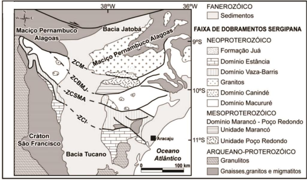 Figura 3. Geologia simplificada do Cinturão Sergipano localizado na parte sul da Província Borborema, NE do Brasil (modificado de Liz, 2017).
