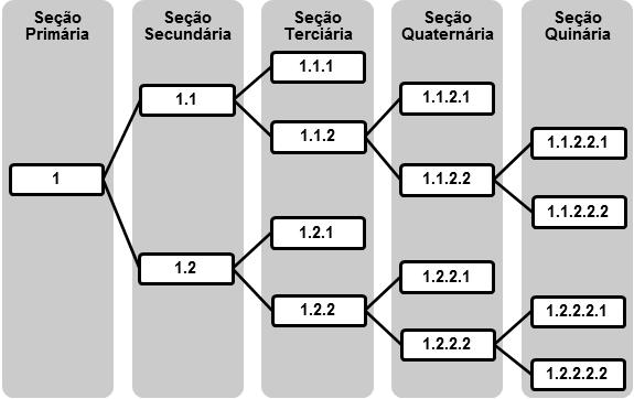 Seção quaternária e quinária seguem a mesma formatação e lógica de numeração da seção terciária, porém são utilizados quatro dígitos para a sessão quaternária e cinco dígitos na seção quinaria.