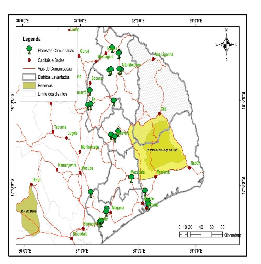 Mapeamento das Florestas Comunitárias Equipe: UT-REDD, SPFFBZ e DGA; Levantamento e georeferenciamento das florestas comunitárias (FC) existentes nos 6 Distritos; 26