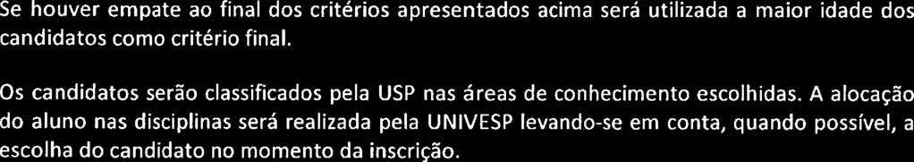 Participação anterior no programa de Formação Didático-Pedagógico UNIVESP; Alunos com maior tempo de curso, medido em meses completos; Se houver empate ao final dos critérios apresentados acima será