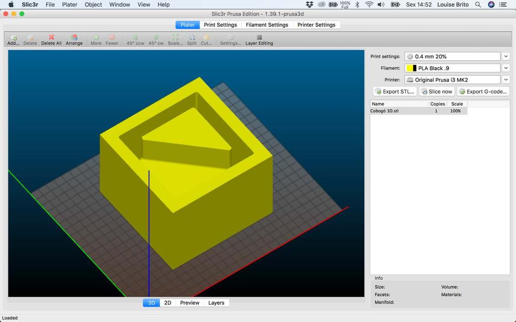 Geração da Geometria 3D no padrão STL e Gcode: Como resultado obteve-se os arquivos (.STL) e (.