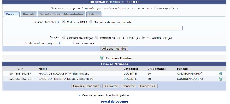 Passo 8: Informe os membros do projeto de pesquisa Informe a carga horária semanal a ser dedicada no projeto por cada membro inserido; Clique