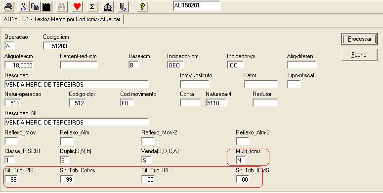 34 Os 2 dígitos seguintes, correspondem ao campo [SIT-TRIB-ICMS] conforme exemplo abaixo: Caso o [MULTI-ICM] esteja informado em branco ( quando não for MULTI-ICM ) ou sendo MULTI-ICM, o CODICM-FILHO