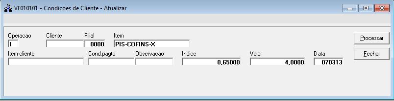 Correspondente (deixar em branco ) Não calcula valores de Pis e Cofins 1 Calcula 1,65 de Pis, e 7,60 de Cofins 2 Calcula 2,3 de Pis, e 10,8 de Cofins 3 Calcula 0,65 de Pis, e 3,0 de Cofins 4 Calcula