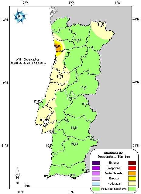 No mapa, as cores na gama do roxo indicam a ocorrência de valores anormalmente baixos da temperatura do ar e/ou vento moderado a forte, correspondendo a valores críticos do índice, pelo que, e