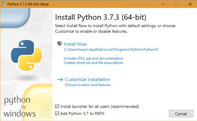Instalação em Windows 64 bits de Python3, OpenCV4 e Tensorflow12: 1) Baixe e instale Python 3 para Windows executando Windows x86-64 executable installer: https://www.python.