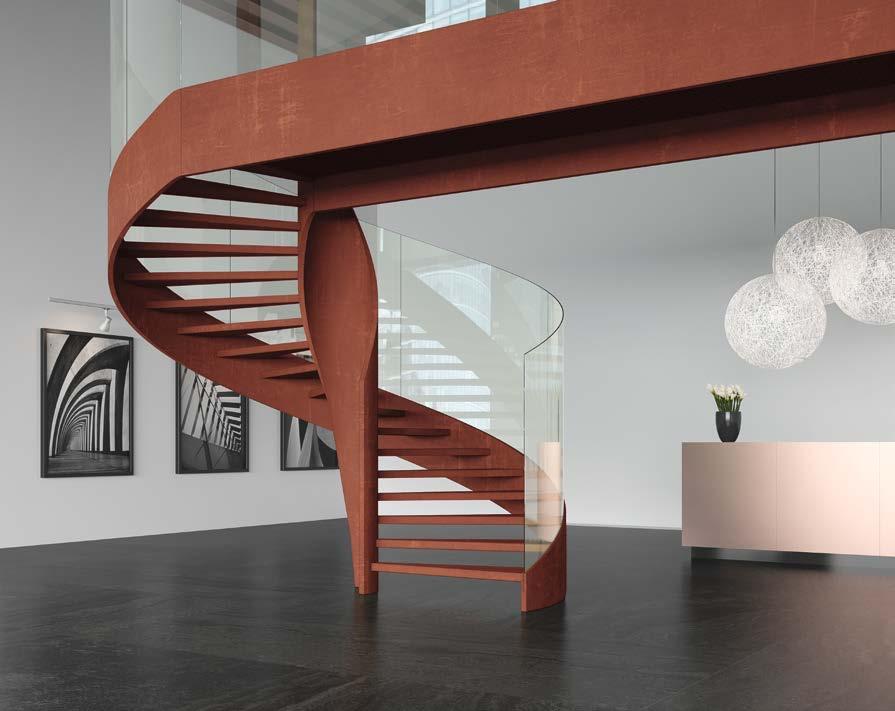 FL1045 Helical stair Corten steel and Glass Escada helicoidal aço corten e vidro Stairs manufactured in corten steel. Three times more corrosion resistance, in average. Has a reddish oxide layer.