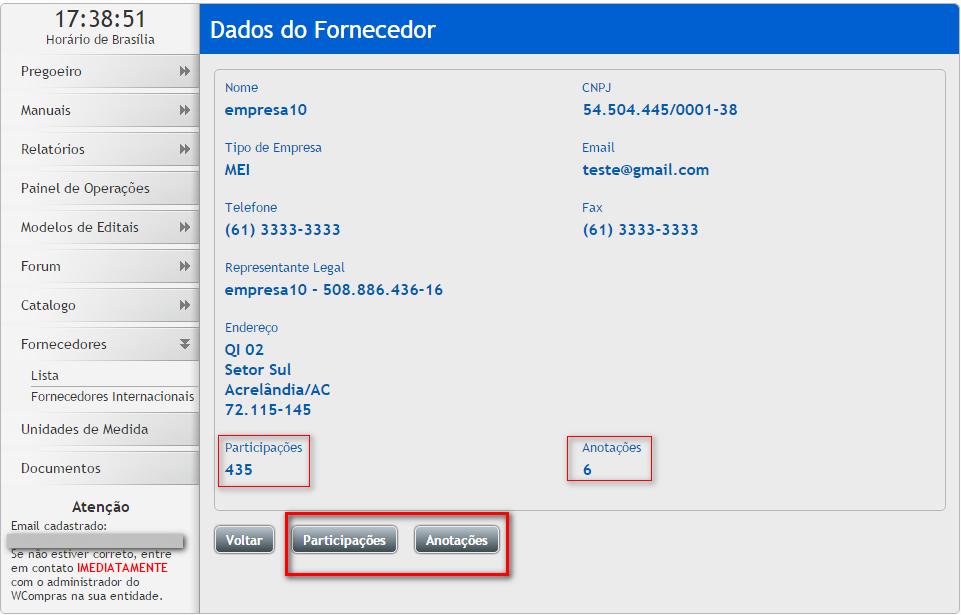 Ao clicar no ícone Visualizar Registro entrará na tela de Dados do Fornecedor, com as informações cadastrais da empresa, a quantidade de participações em processos licitatórios no sistema e a